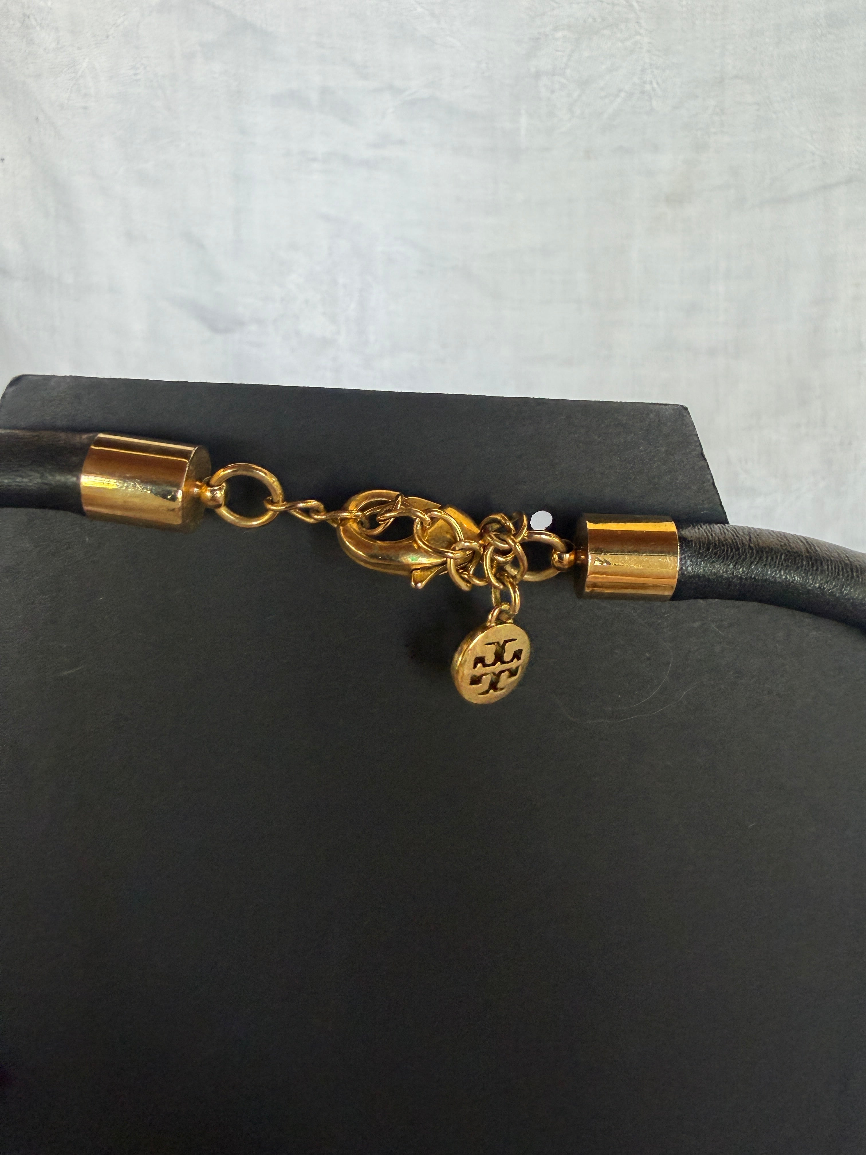 Tory Burch-Style Gold-Tone Leaf Bib Necklace with Double-T Charm - photo 3