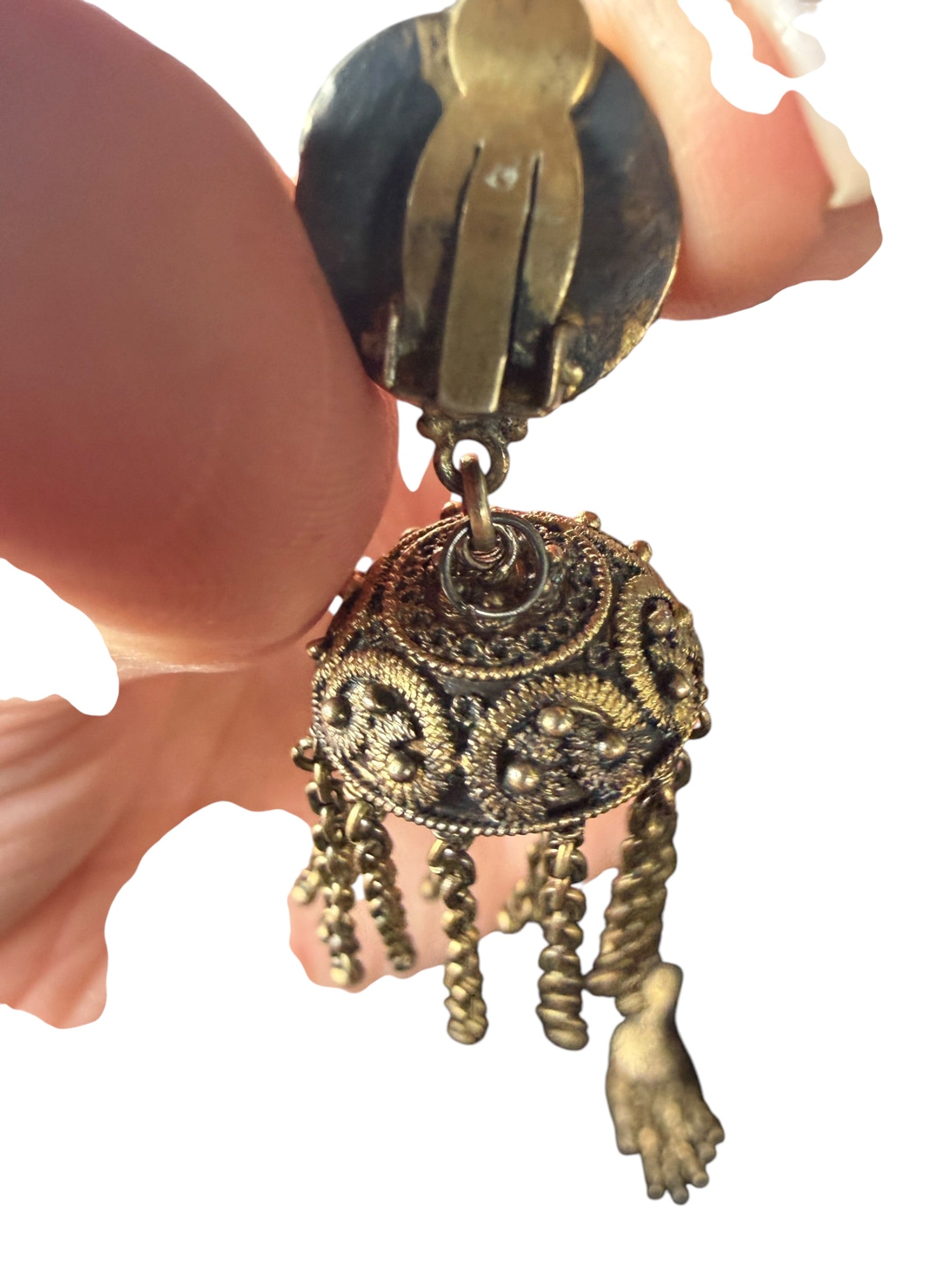 1940s Gold and Bronze Filigree Dangle Earrings with Floral Motif