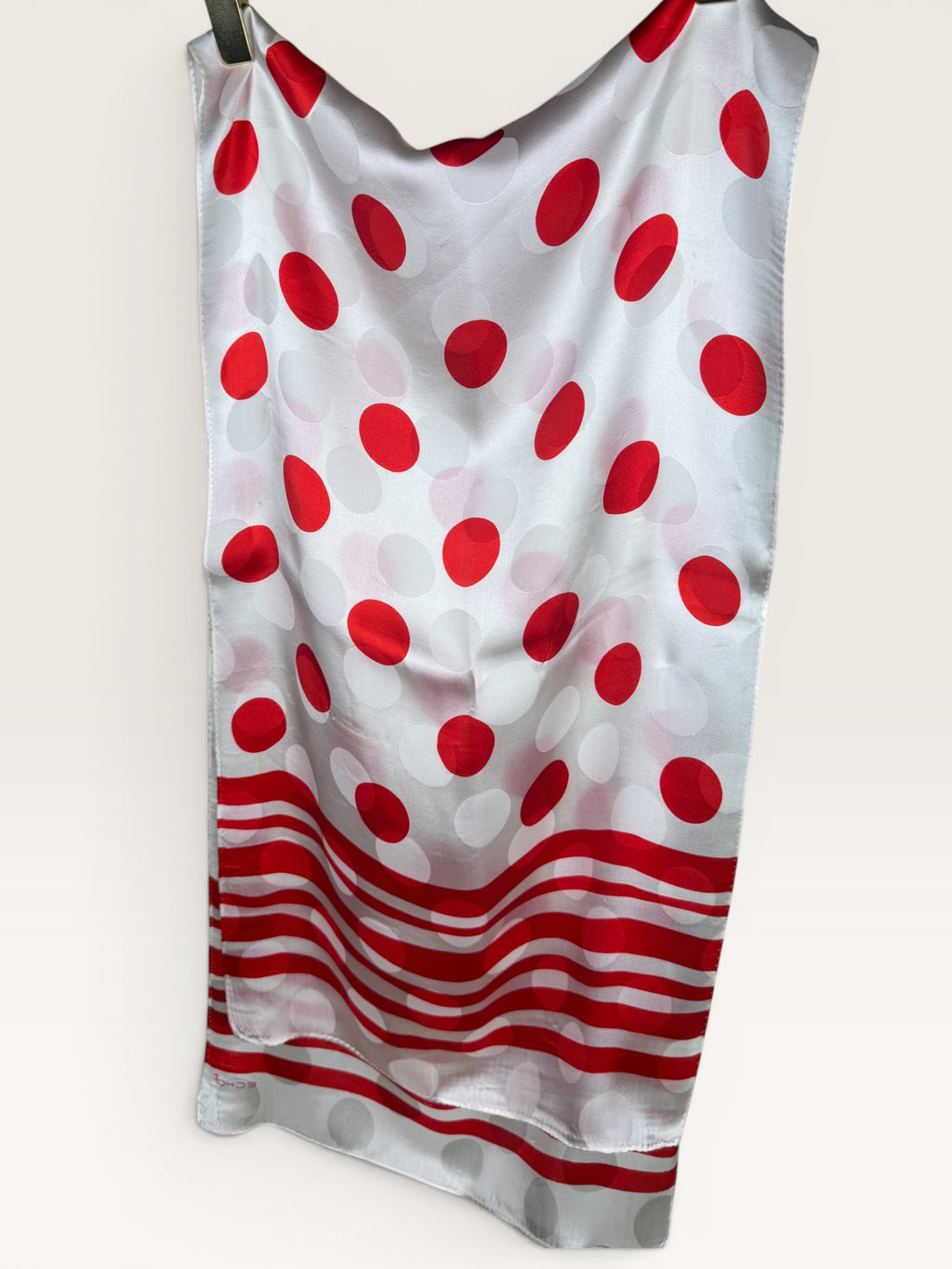 ECHO Red and White Polka Dot Silk Scarf with Striped Border