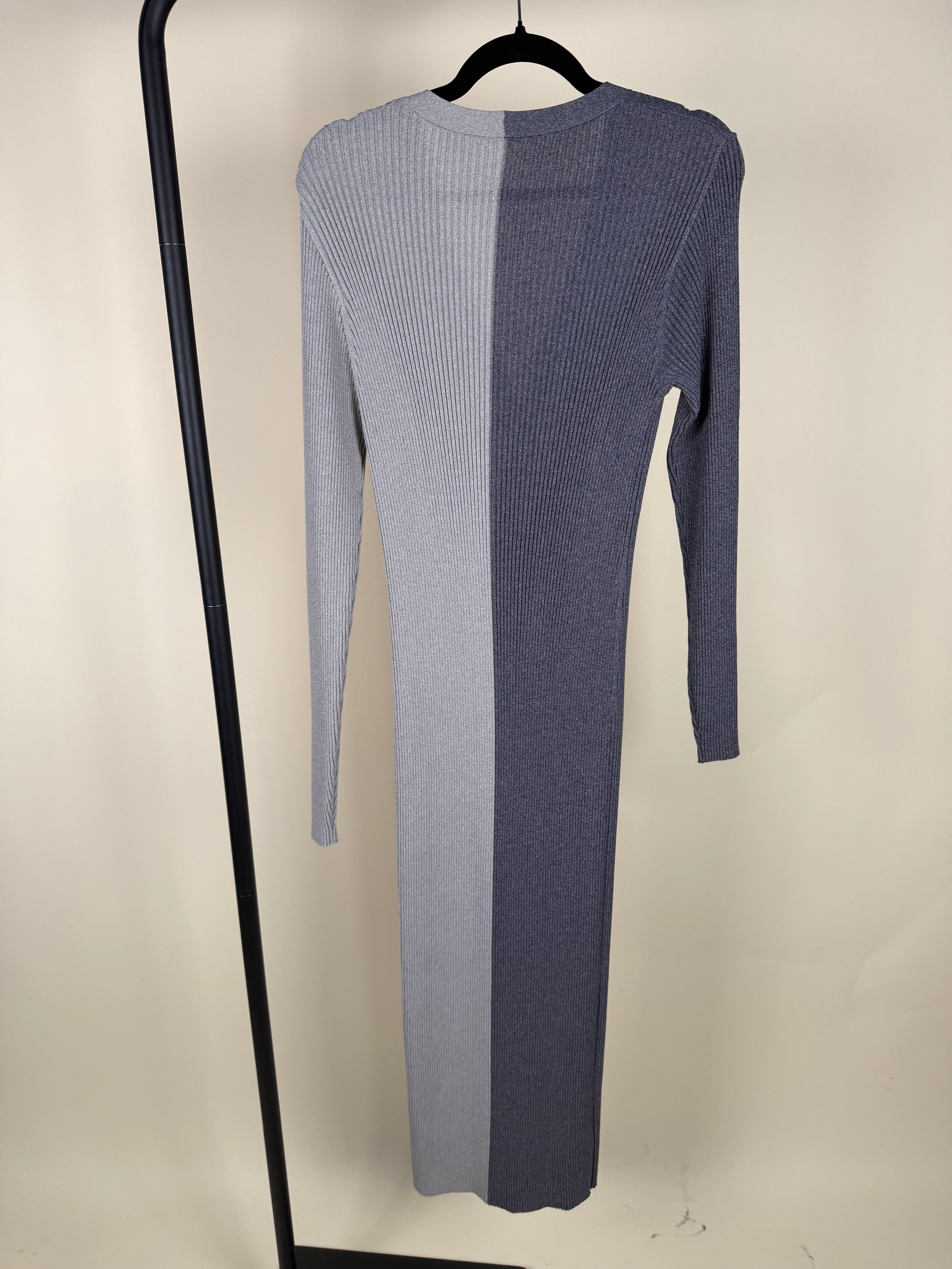 STAUD Ribbed Knit Colorblock Midi Dress in Dark Charcoal & Light Heather Grey - photo 7