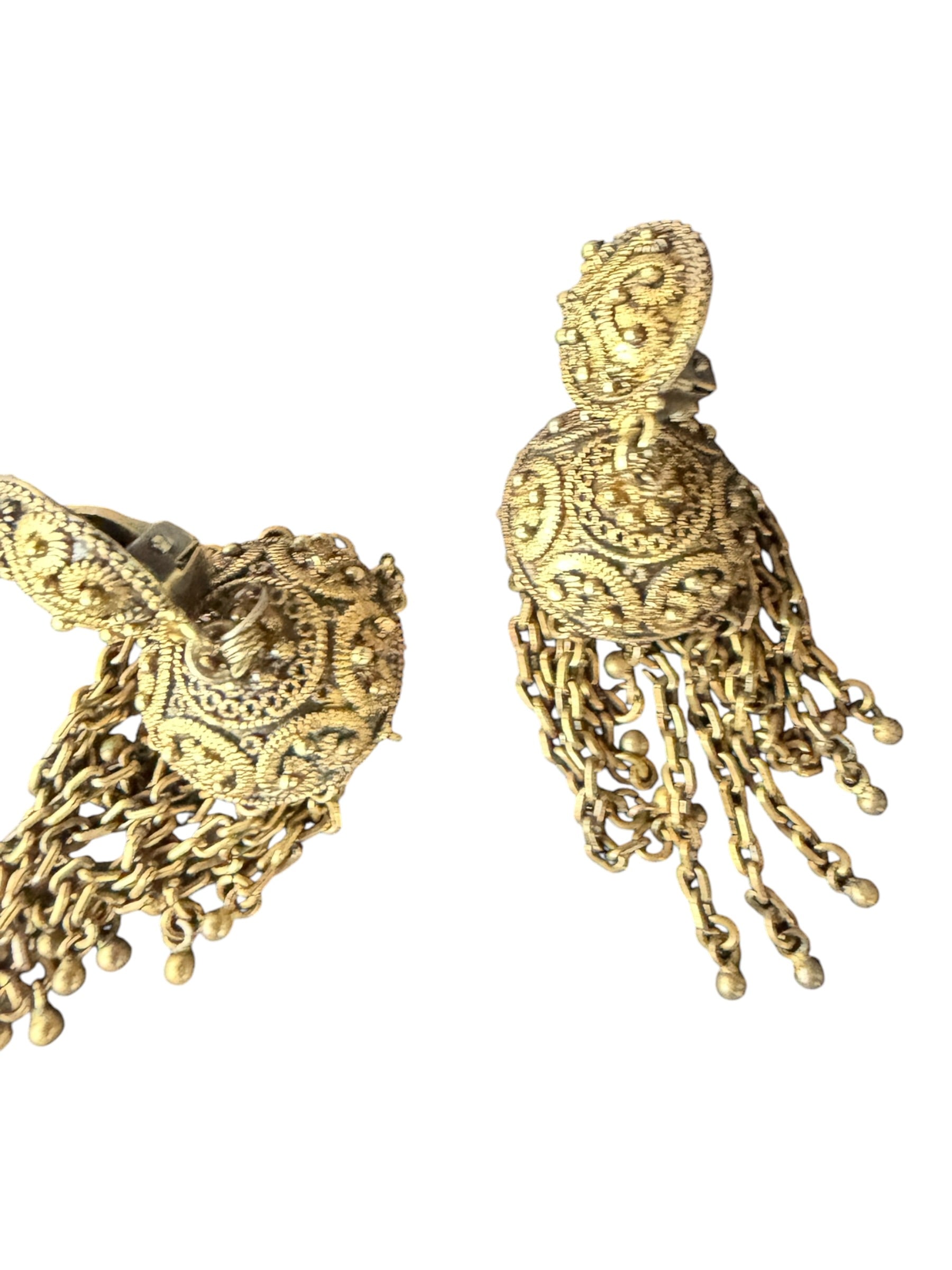1940s Gold and Bronze Filigree Dangle Earrings with Floral Motif