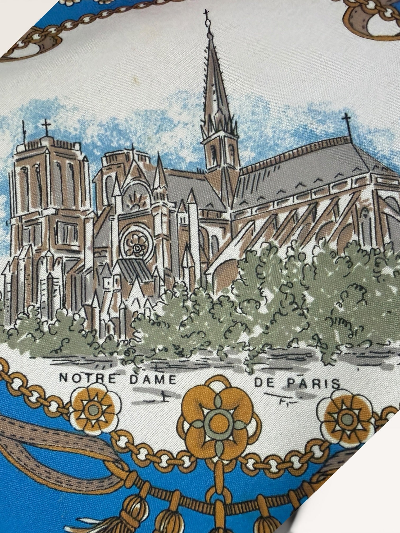 Souvenir de Paris 1930s-1940s Silk Scarf with Eiffel Tower & Notre Dame Illustrations