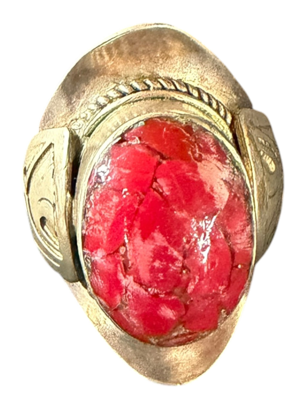 Ornate Gold-Toned Ring with Red Gemstone