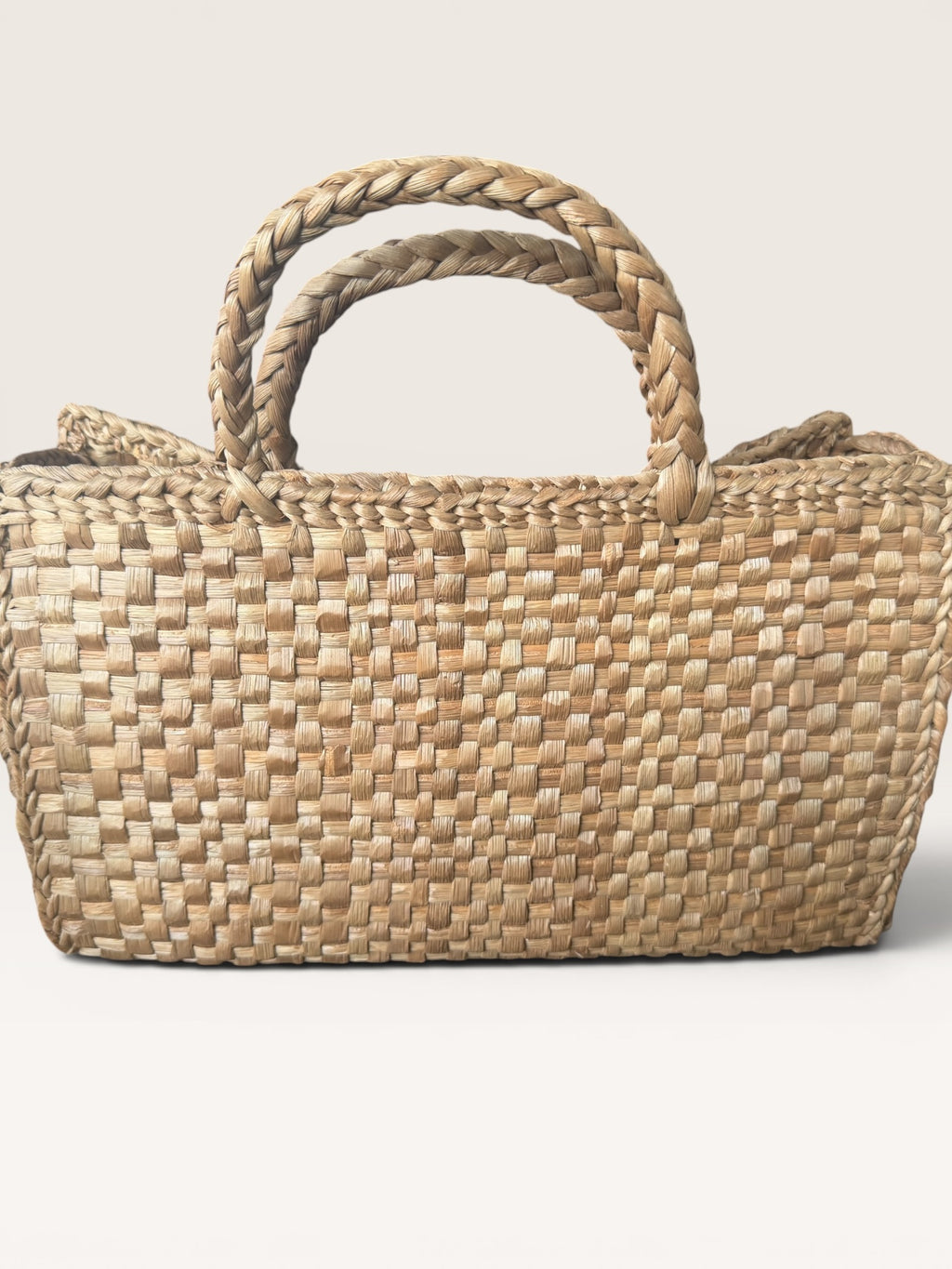 Mid-20th Century Woven Straw Basket with Braided Handles & Floral Appliques