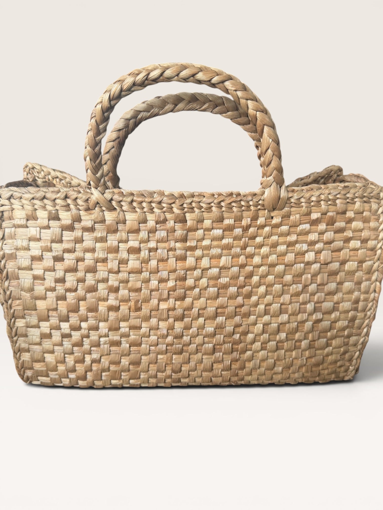 Mid-20th Century Woven Straw Basket with Braided Handles & Floral Appliques